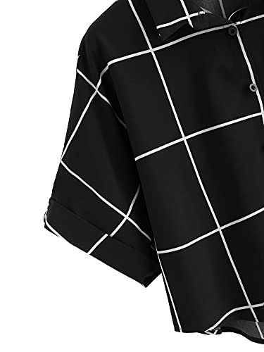Makemechic Women's Summer Short Sleeve Plaid Button Down T Shirt Blouse Crop Top A Black M #TOP3
