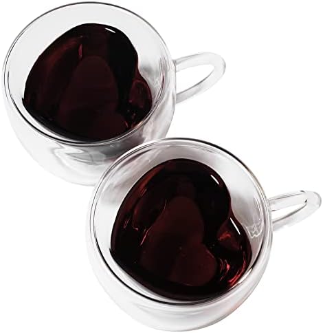 EASICOZI Heart Shaped Double Walled Insulated Glass Coffee Mugs or Aesthetic Tea Cups, Double Wall Glass 8 oz, Clear (2)