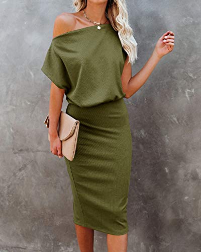 Image of EZBELLE Women's Summer Dress Off The Shoulder Short Sleeve Ribbed Casual Party Bodycon Midi Dresses