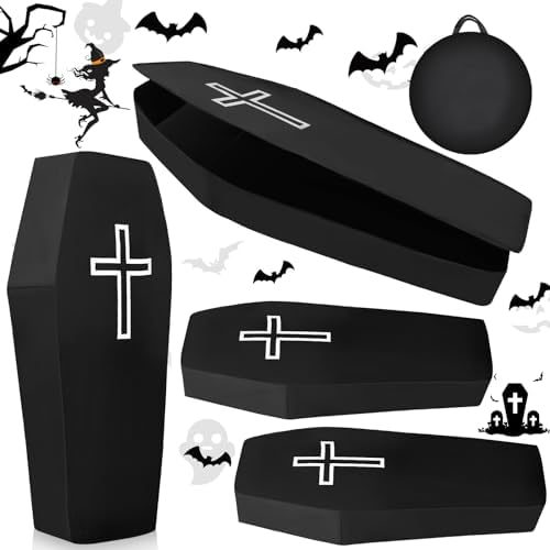 41T6kpGpnML._AC_ Libima 4 Halloween Cemetery Pop Up Coffin with Lid Fake Life Size 60 Inch Coffin Prop Scary Real Size Foldable Fabric Instant Coffin for Outdoor Skeleton Party Haunted House Cemetery Decorations