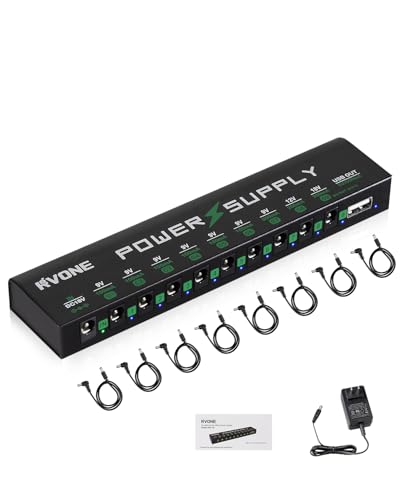 RVONE Guitar Pedal Power Supply, 10 Isolated DC Output for 9V/12V/18V Effect Pedal, Circuit Protection, Noise Reduction, 100mA 500mA USB Pedalboard Power Supply