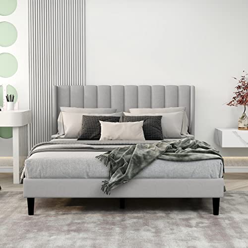 Upholstered Bed Frame Queen With Wingback Headboard/No Box Spring Needed/Wooden Slat Support/Easy Assemble/Light Gray #TOP2