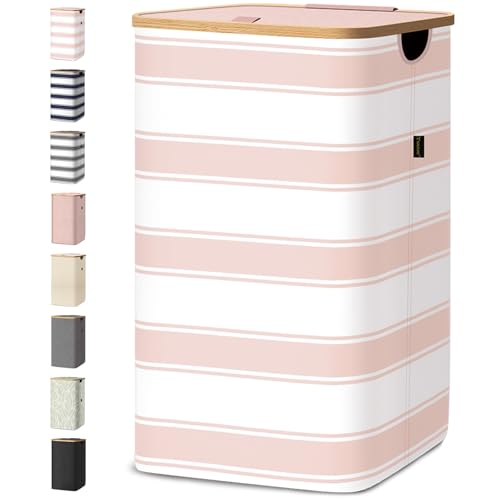 Image of BALEINE Laundry Hamper with Lid, Tall Laundry Baskets with Bamboo Pull Handles, Large Laundry Bin with Internal Support (26 Gal /100L, Pink Stripe)