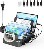 CREATIVE DESIGN 50W Fast Charging Station, 6 Port Apple Charging Station for Multiple Devices Compatible with iPhone,iPad, Tablet,Kindle ect,with 6 Short Cables and Apple Watch Holder（Space Gray）
