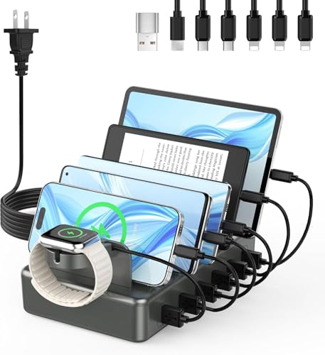 CREATIVE DESIGN 50W Fast Charging Station, 6 Port Apple Charging Station for Multiple Devices Compatible with iPhone,iPad, Tablet,Kindle ect,with 6 Short Cables and Apple Watch Holder(Space Gray)