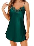 Lovasy Silk Nightgown for Women Lace V Neck Sleepwear Satin Slip Dress Sexy Lingerie Babydoll Chemise Negligee Dark Green,Large