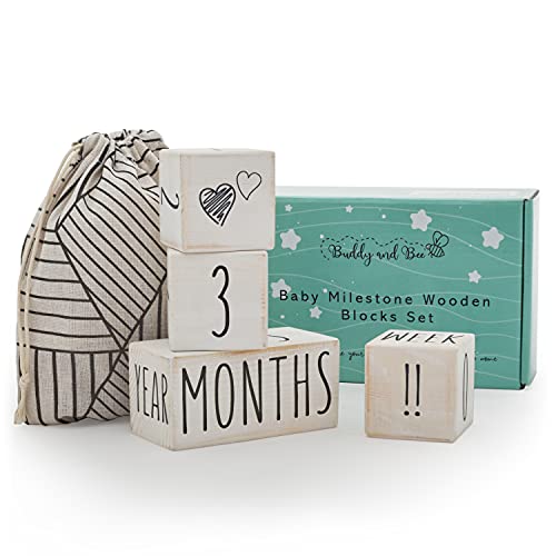 Image of Wooden Milestone Blocks for Baby Boy & Girl - Gender Neutral Daily, Weekly & Monthly Baby Milestone Age Blocks for Baby Pictures - Made with Eco Friendly Premium Pine Wood & Certified Non Toxic Paint
