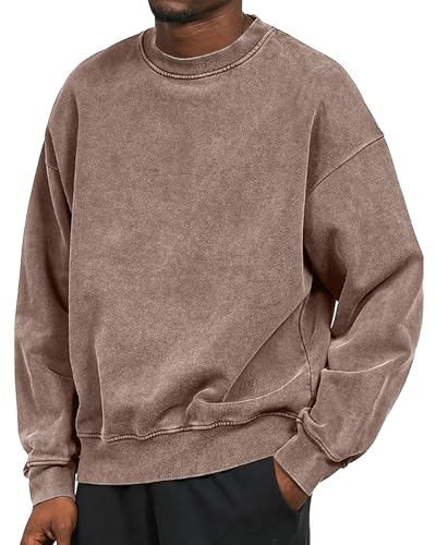 Men's Vintage Oversized Sweatshirt Basic Solid Color Long Sleeve Shirts Distressed Washed Cotton Pullover Tops