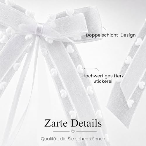VGOODALL 30 Stück Autoschleifen Hochzeit Weiß, Satin Antennenschleifen 25x12cm für Hochzeitsauto Deko, Schleifen mit Herzmuster für Stühle und Kirchendeko, Stilvolle Gastgeschenke