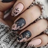 Black Press on Nails Almond Fake Nails with Designs Flower Stick on Nail Medium Acrylic False Nail Gold Glitter Artificial Nail Matte Full Cover Glue on Nails for Women 24Pcs