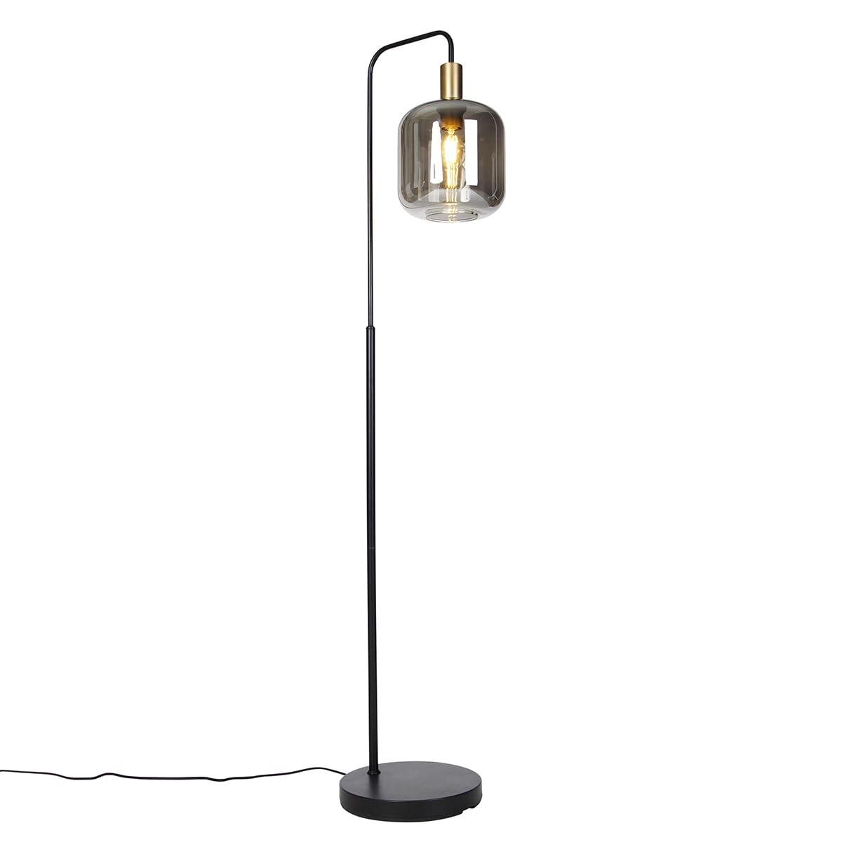 Qazqa - Smart Floor lamp Black with Gold and Smoke Glass incl. WiFi A60 - Zuzanna- - Design - LED E27 | 1 Light - Glass Floor lamp - Suitable for Living Room I Bedroom I