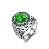 Grewod Anillo de Boda de Acero Inoxidable para Hombre, Piedra Vintage Plata Verde 24mm Anillos Joyeria Tamaño 30