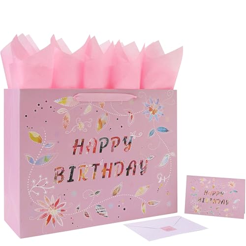 Qirrmiy 16.5 Extra Large Happy Birthday Gift Bag Set with Handles Greeting Card Tissue Papers and Stickers for Women Girls Pink Floral Design 1 Pcs