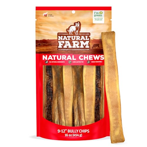 Natural Farm Bully Chips (9-12 Inch, 16 Oz.), Digestible Beef Cheek from Grass-Fed Cows, Non-GMO, Grain-Free, Natural Long-Lasting Dog Chews for Small, Medium & Large Dogs, Great Rawhide Alternative