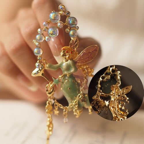 Image of Ouliget Retro Enamel Angel Brooch,Heavy Craft Medieval Bubble Fairy Crystal Badge, Fringed Corsage Pin Jewelry for Elegant Women Girl