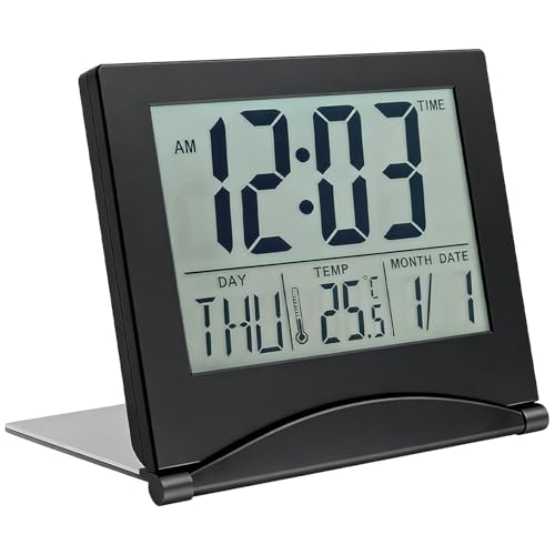 Image of Lumoia Digital Travel Alarm Clock, Portable Folding Desk Dementia Clock with LCD Display Silent Day Date Temperature Battery Operated Alarm Snooze for Home Bedroom Office Travel (Black)