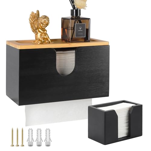 EFUTURETIME Jeu de Distributeurs d'essuie-Mains en Bambou, Distributeur Mural de Serviette en Papier avec Couvercle Magnétique - Petite Boîte à Mouchoirs, pour Papier H2, Mouchoirs, Noir