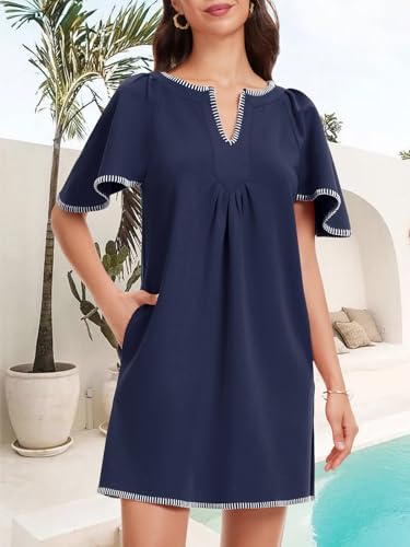 Image of KEOMUD Women's Summer Short Sleeve Mini Dress Casual V Neck Contrast Trim Flowy Shift Dresses with Pockets