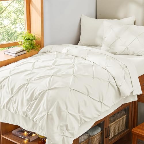 Image of Sasttie Twin Comforter Set, 5-Piece Bed in a Bag, Pintuck Bedding Sets for All Season, Includes Comforter, Flat Sheet, Fitted Sheet, Pillowcase and Pillowsham, Ivory