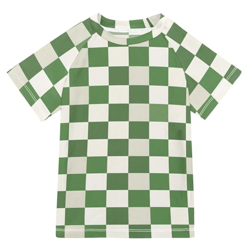 ALAZA Boys Rash Guard Swimming Shirt for Boys Short Sleeve Green White Checkered UPF 50+ 5-6T