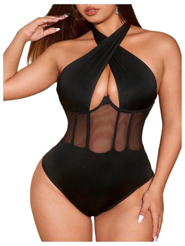 OYOANGLE Women's Plus Size Criss Cross Halter Bodysuit Cut Out