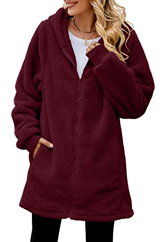 Yanekop Women Oversized Sherpa Jackets Fuzzy Fleece Zip Up Hoodie Outerwear Warm Winter Coat With Pockets(01 Burgundy,L) #TOP2