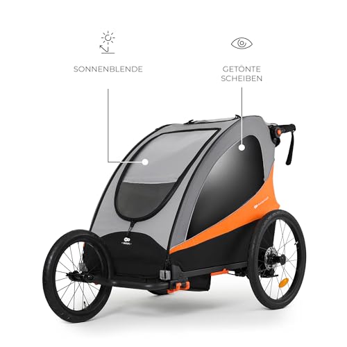Kinderkraft NAVA 3in1, Kinderwagen, Laufwagen und Fahrradanhänger, für ein oder zwei Kinder (bis 44 kg), Sonnenschutz, zwei unabhängige Bremsen, Aluminiumrahmen, leicht zu falten,Orange
