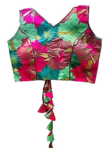 Vihu Fashion Women's Multicolor Brocade Floral Sleeveless Saree Blouse (Half Seleeve Included) (Green, 38)
