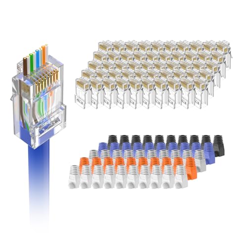VCELINK Paquete de 50 Conectores RJ45 CAT6, 8P8C Pasante Chapados en Oro Clavija RJ45 con Protectores contra tirones Pass Through, Compatible con T568A/T568B