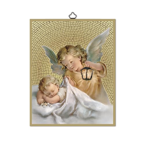 Fratelli Bonella | Cuadro sagrado que representa al ángel con linterna sobre madera MDF de álamo de 8 mm con mosaico de lámina dorada | Fabricado en Italia