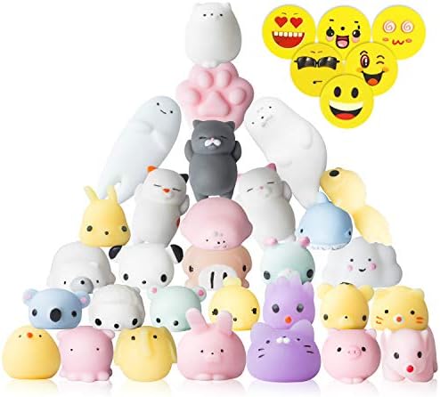 Mochi Squishy Toys - 30 Pcs Toy Set of The Cutest Mini Soft & Colorful Kawaii Squeeze Animal Squishies for Children, Adults, Fun Games, Stress Relief & Decoration – 4 Random Smiley Erasers Included