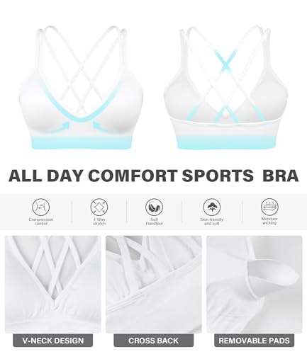 Veqking Sports Bra For Women Criss Cross Back Low Cut Wireless Removable Cups Yoga Bra Wortout Gym Fitness 3 Pack White thumb #6
