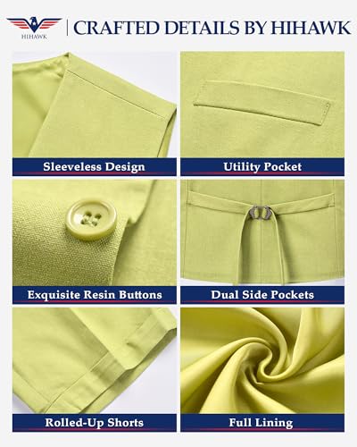 Hihawk Men’s 2-Piece Linen Vest Pants, Lightweight Waistcoat Shorts, Casual Wedding Beach Summer Prom Homecoming Outfit3