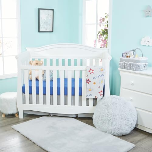 Image of EVERYDAY KIDS 2 Pack Fitted Boys Crib Sheet, 100% Soft Breathable Cotton Baby Sheet, Fits Standard Size Crib Mattress 28in x 52in, Nursery Sheet with Giraffe, Elephants Sports Theme and Solid Blue