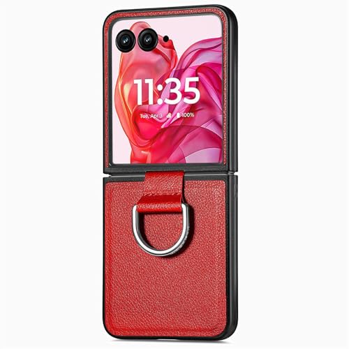 COQUE Phone Case Motorola Razr 50 Ultra Cover,Slim Anti-fall Litchi Pattern Ring Phone Shell,Leather Folding Phone Cover for Motorola Razr 50 Ultra-Red
