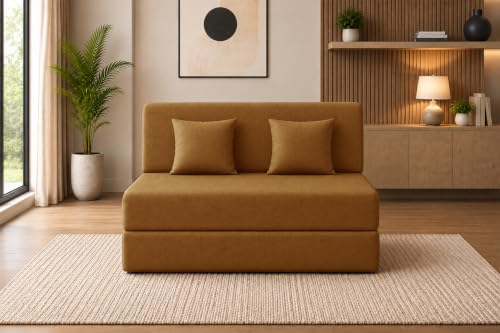 Image of Sofa Cum Bed with Jute Fabric, Convertible Two Seater Sofa Bed 4x6 Ft, Comfortable Cushioned Seating, Space Saving Design for Living Room, Bedroom & Guest Room - Golden Color