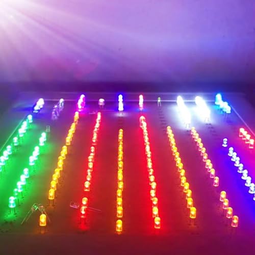 AQSQWQ 500 Stück 5MM LED Leuchtdioden, LED Dioden 3V Leuchtdiode sortiment Kit Rundkopf 2 Pin Extra Hell LED Licht, Diffus Dioden Set, 5 Farben Rot Blau Gelb Grün Weiß
