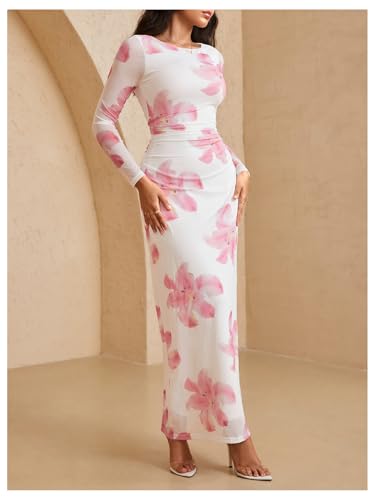 Image of Milumia Women's Floral Print Sheer Dress Crew Neck Long Sleeve Bodycon Maxi Dresses