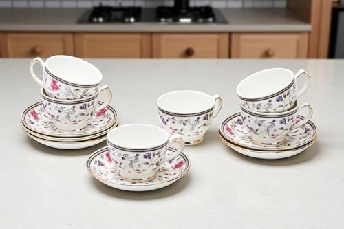 Image of Fine Bone China Multicolor Cups and Saucer with Golden Line, 180 ml Tea Cup Set of 6 Cup and Saucer Set for Tea Milk Coffee Chai, Teacup Set