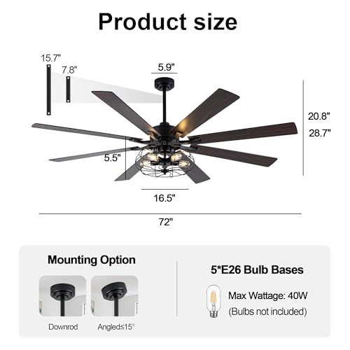 Image of 72 inch Farmhouse Ceiling Fan with Lights Remote, Rustic Ceiling Fan | Black Caged Fandelier, Large Industrial Chandelier Light for Living Room Indoor Covered Outdoor, 5 E26 Bulbs (Not Included)
