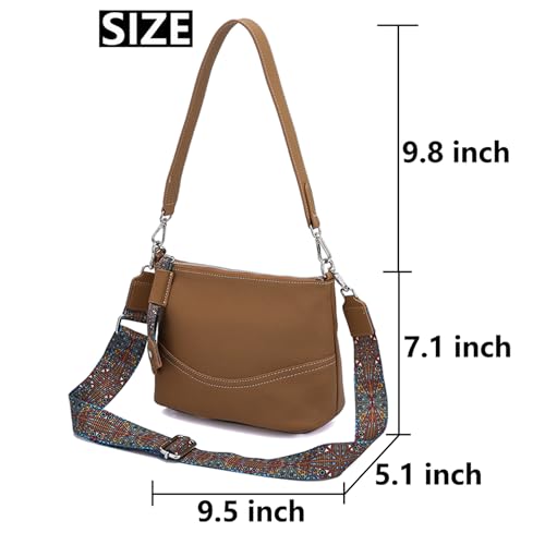 Image of Small Crossbody Purse for Women Genuine Leather Handbag with Colored Guitar Shoulder Strap Casual Satchel Hobo Bags (Brown)