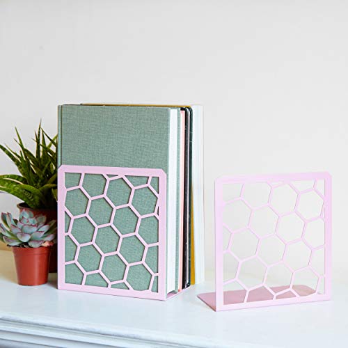 Image of Premium Bookends Geometric Honeycomb Metal Book Ends (Pink, 2 Pairs) Book End for Shelves