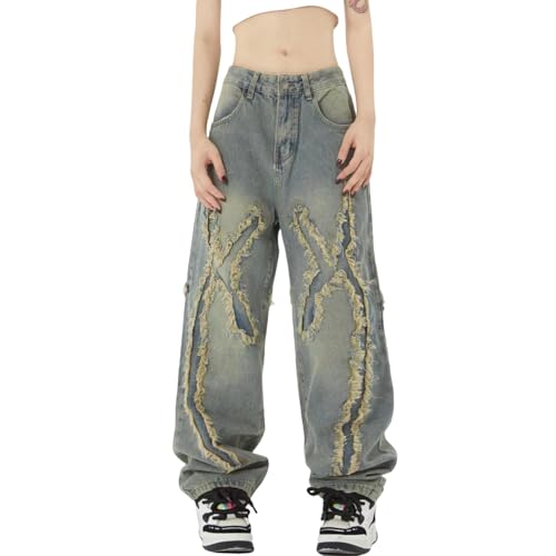 Women's Denim Pants Y2K Jeans Retro Fashion Street Clothing Printed Patchwork Loose Jeans Straight Leg Pants