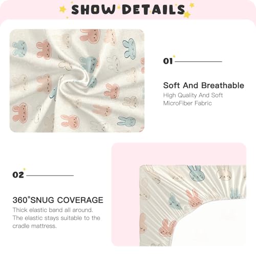 Image of Rabbit Face Pattern Crib Sheets Stretchy Portable Sheets for Baby Toddler Breathable Soft Crib Mattress Sheet for Girls Boys