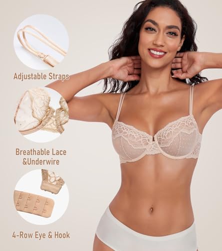 Lemorosy Women's Balconette Bra with Underwire Large Sizes Lace Half Cup Unpadded Transparent Balcony Bra Mesh Transparent, beige, 36B - Image 4
