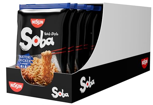 Nissin Noodles Soba Bag – Yakitori Chicken, 9er Pack, Wok Style Instant-Nudeln japanischer Art, mit Würzsauce, Hähnchen & Gemüse, schnell im Becher zubereitet, asiatisches Essen (9 x 110 g)
