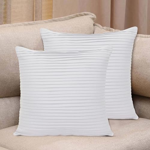 Image of HOME COLORS.IN Cotton Plain Double Side Pleated Cushion Cover - Set of 2-18 x 18 Inch - White