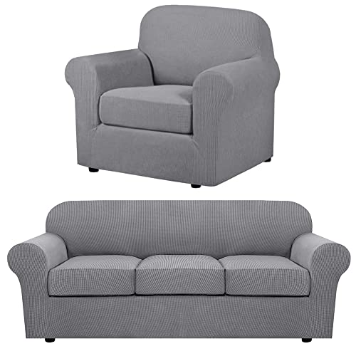 H.VERSAILTEX 4 Piece Stretch Sofa Covers for 3 Cushion Couch Covers Bundle 2 Piece Arm Chair Cover, Dove