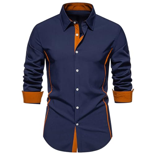 Button Down Dress Shirts for Men Long Sleeve Contrast Business Casual Shirt Lapel Collar Slim Wrinkle Free Blouse