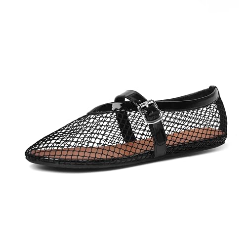 Image of vivianly Mesh Ballet Flats Shoes for Women Flats Comfortable Dressy Round Toe Mesh Flats Fishnet Mary Jane Flats for Events Party Leisure